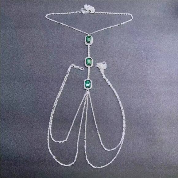 Emerald Silver Zircon Body Chain, Elegant, Classy, Minimalist, Punk - Picture 3 of 5